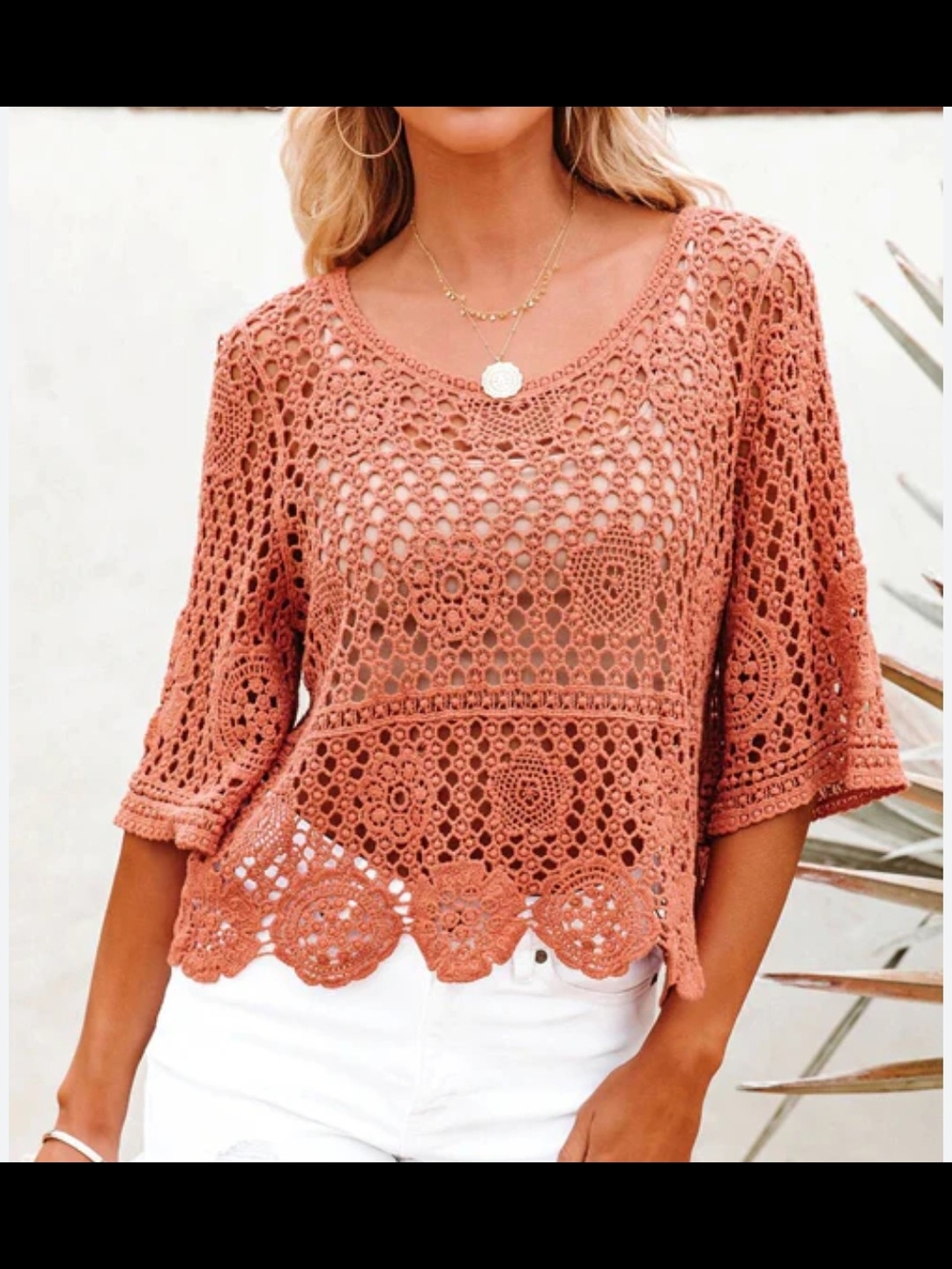 En Creme, Women's Cotton Crochet Lace Boxy Top Cottage core Lagenlook Boho Chic